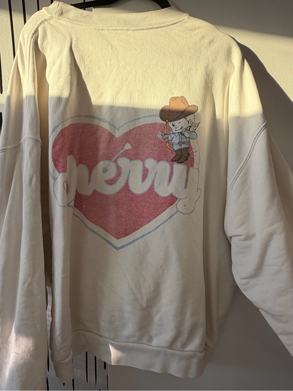 Cherry LA Cream Crewneck Sweatshirt with Pink Heart Graphic